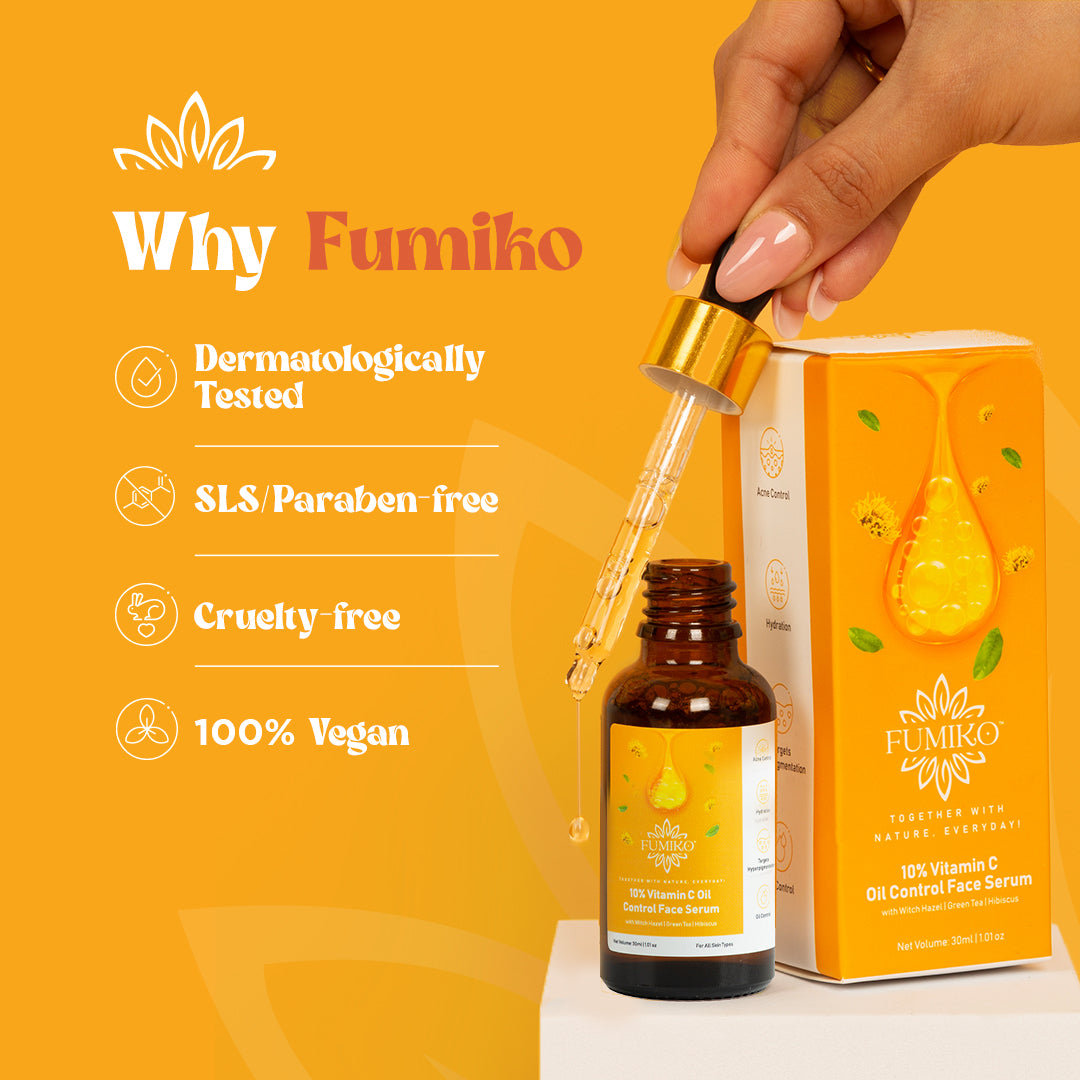 Fumiko 10% Vitamin C Oil Control Face Serum with Witch Hazel | Green Tea | Hibiscus Extracts | 30 ml
